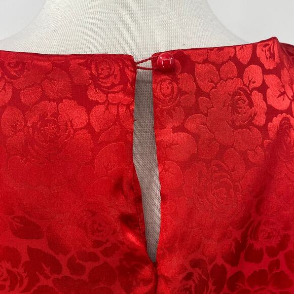 Vintage 80s Brocade Midi Dress Embossed Floral Pattern Blouson Pleated Red 10 - Picture 6 of 11